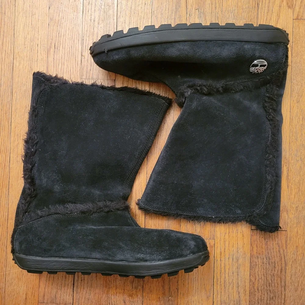 Timberland 11W Boots Black Suede Faux Fur Trim Mid Calf 61643 MUKLUK Winter